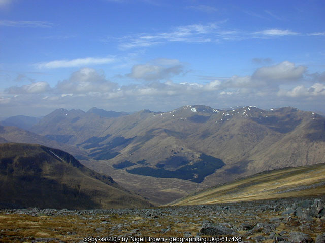 A panorama taking in most of upper Glen Shiel, from close to the summit of Druim Shionnach. Sgùrr a' Bhealaich Dhearg is the bulky summit in the centre, Sgùrr Fhuaran the highest peak in the left distance.