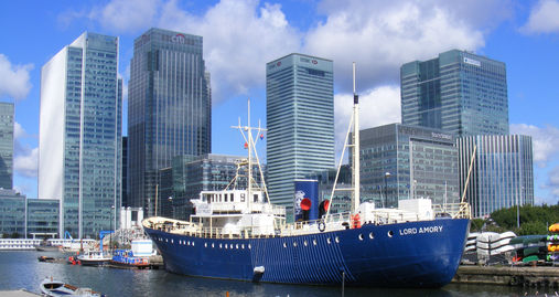 West India Docks - view of Lord Amery and Canary Wharf