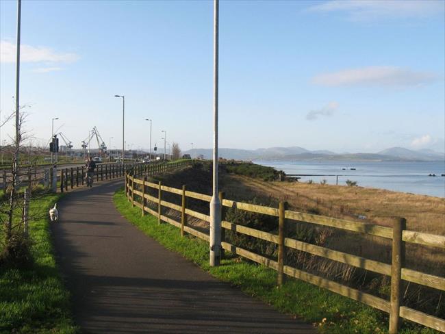 Seafront walkway along reclaimed Port Glasgow shipyards.
