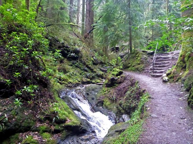 Puck's Glen – path by waterfalls of the Eas Mòr stream