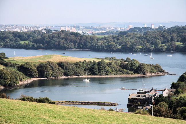 Distant view of the City of Plymouth from near Trematon Castle: across Forder Creek anf the Lynher or St. Germans River