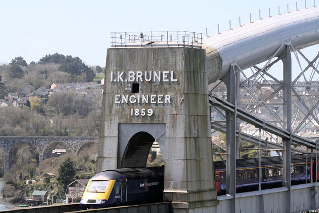 Isambard Kingdom Brunel's, Royal Albert Railway Bridge in process of being painted.